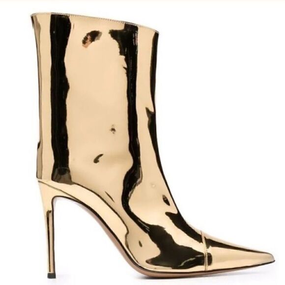 Alexandre Vauthier Gold Metallic Mirrored Pointed Toes Ankle Boots - Picture 1 of 3